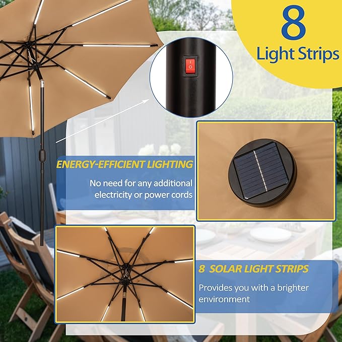 Sunnyglade 9FT Outdoor Solar LED Lighted Patio Umbrella with 8 LED Strip Lights & 8 Ribs, Convenient Crank Lift System