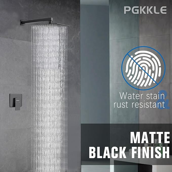 10 Inch Rainfall Shower Faucet Single Function Shower Trim Kit with Rough-in Valve Shower Set Square Stainless Steel Metal Touch-Clean Shower Head Matte Black