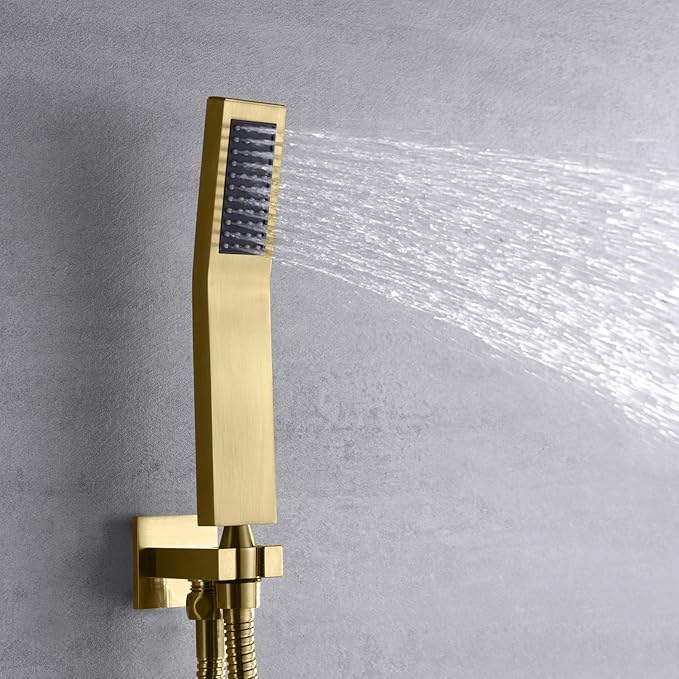 sumerain Brushed Gold Shower System Pressure Balance Shower Faucet, 8 Inches Square Rain Shower Head and Hand Shower, Including Rough-In Valve