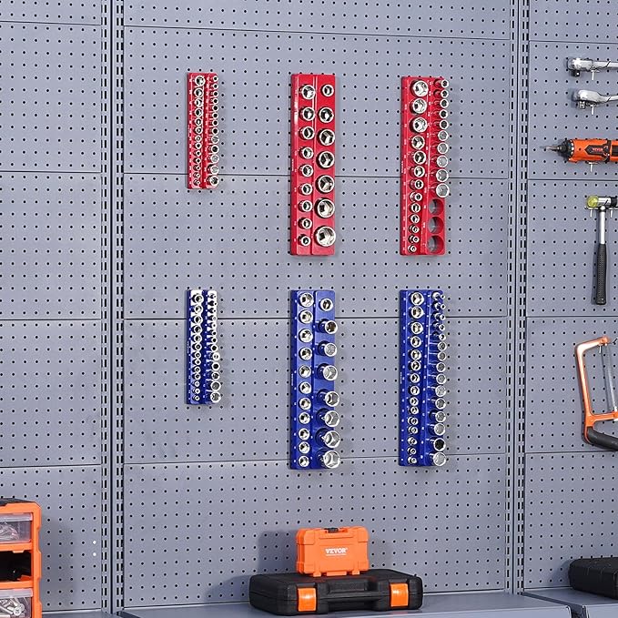 VEVOR Magnetic Socket Organizer Set, 6PCS Socket Holder, 1/4'', 3/8'' & 1/2'' Metric SAE Socket Trays with Clear Labels, Hold up to 143PCS Standard & Deep Sockets, Blue & Red (Sockets Not Included)