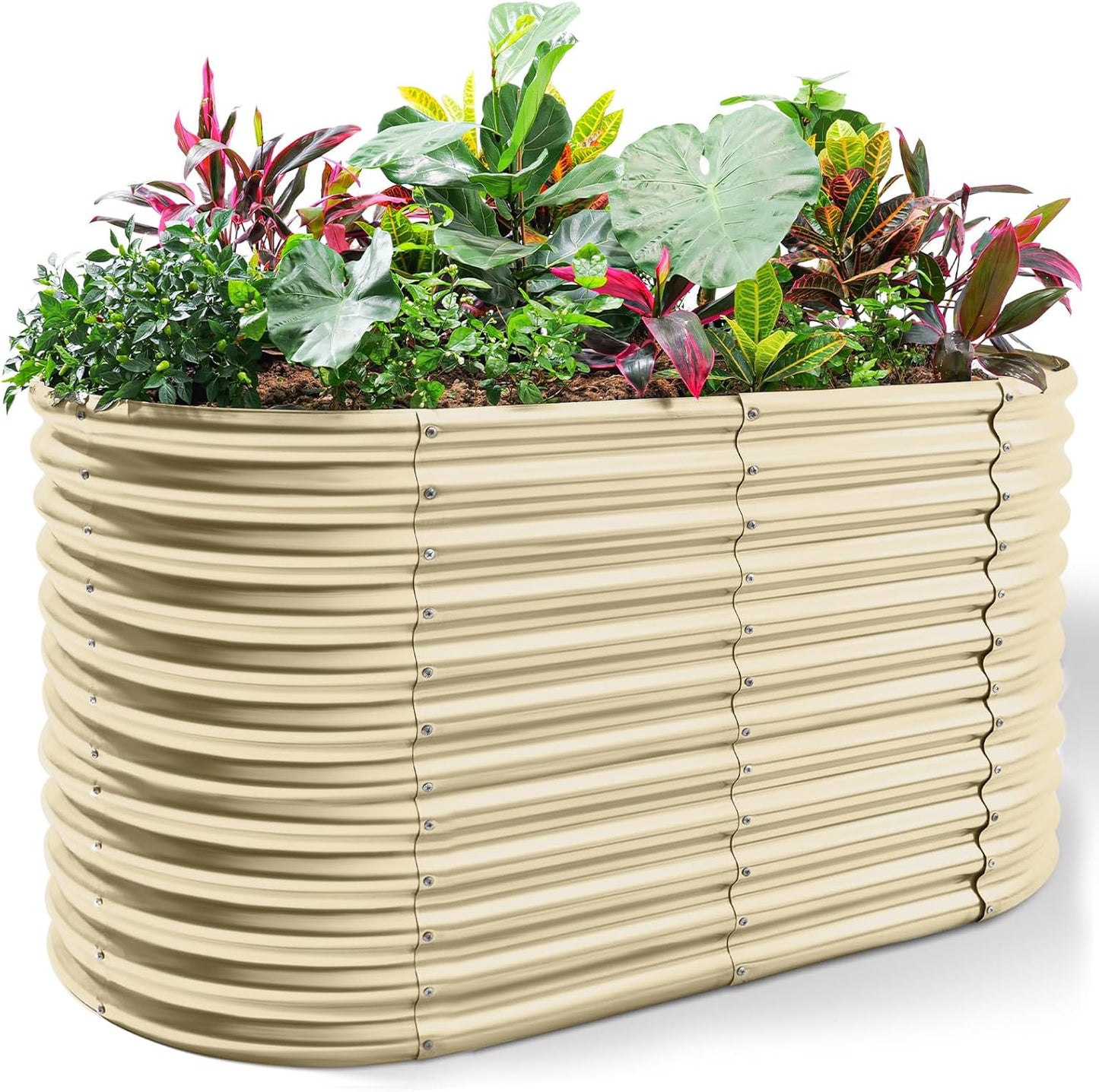 Land Guard 8x4x3ft Oval Galvanized Raised Garden Beds, Large-Capacity Metal Planter Box Outdoor, Durable Deep Raised Garden Bed 3ft Tall, Raised Beds for Gardening Vegetables, Cream Yellow
