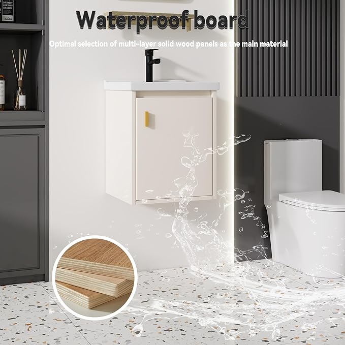 16'' Bathroom Vanity with Ceramic Sink Combo, Wall Mounted Small Bathroom Vanity with Soft-Close Door Modern Floating Cabinet, Pop-up Drain, P-Trap Included, Khaki(No Faucet)