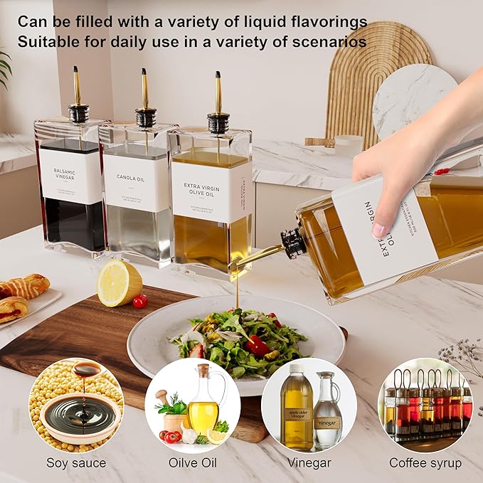 Olive Oil Dispenser for Kitchen, 16.9 oz/ 500 ml Olive Oil Dispenser Bottle, Glass Oil Bottles for Kitchen with 8 Stainless Steel Pourers, 40 Labels, 4 Pcs, Gold