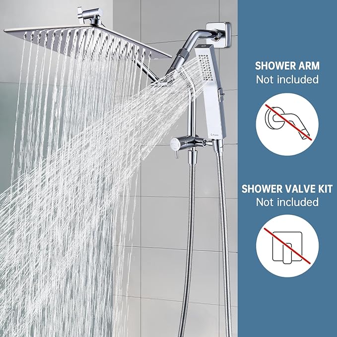 G-Promise All Metal 12 Inches Rain Shower Head with Handheld Built-in Power Wash Mode, 3-way Diverter with Pause Setting, 11 Inches Adjustable Extension Arm with Lock Joint, Long Hose (Chrome)