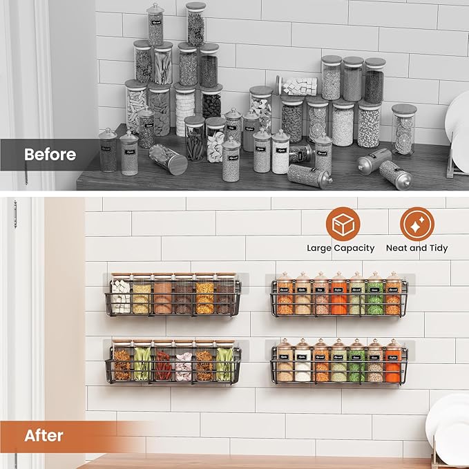 Spice Rack Organizer Wall Mount, Hanging Spice Pantry Storage Shelf Organization, 4 Pack Space Saving Seasoning Organizer for Kitchen Cabinet, Door or Bathroom, Black