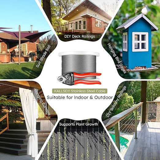 KALLDSY 400FT 1/8" T316 Stainless Steel Cable, Wire Rope Aircraft Cable for Deck Cable Fence Railing Kit, and DIY Balustrades, 7x7 Strands Construction, Comes with a Cutter