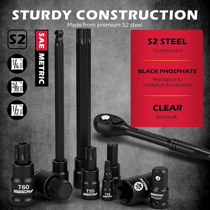112-Piece Torx and Allen Bit Socket Set, 1/4", 3/8",1/2" Drive Bit Socket Set with Quick-Release Ratchet Wrench, Adapters, Extra long torx/Tamper proof torx/Hex/Ball End Hex/E-Trox,SAE/Metric,S2 Steel