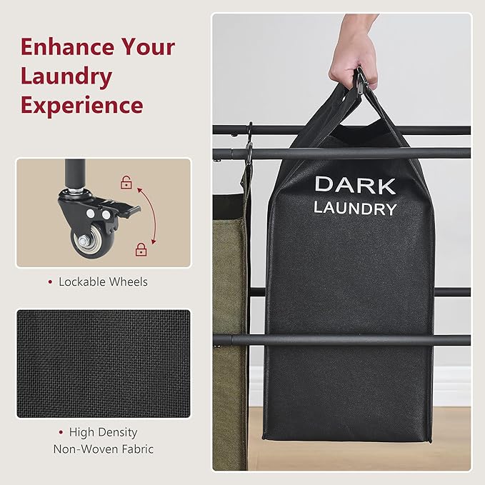 Tajsoon Laundry Sorter Cart with Hanging Clothes Rack, 4 Butler Sorter Basket Organizer, Laundry Hamper Cart with Heavy Duty Rolling Lockable Wheels, 4 Colors