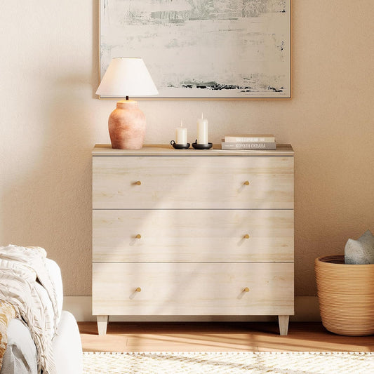 WAMPAT Bedroom Dresser with 3 Drawers, 35.4" Wide Wood Kids Dressers, Chest of Drawers, Modern Closet Organizer Bachelors Chest w/Solid Wood Legs for Living Room, Baby Room, Nursery, Light Oak