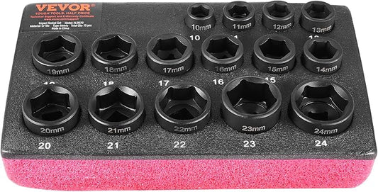 VEVOR Drive Impact Socket Set 3/8" - 15 Piece Ultra-Short Socket Set Metric 10-24mm - 6 Point Cr-Mo Alloy Steel for Auto Repair - Easy-to-Read Size Markings - Rugged Construction Socket Organizer