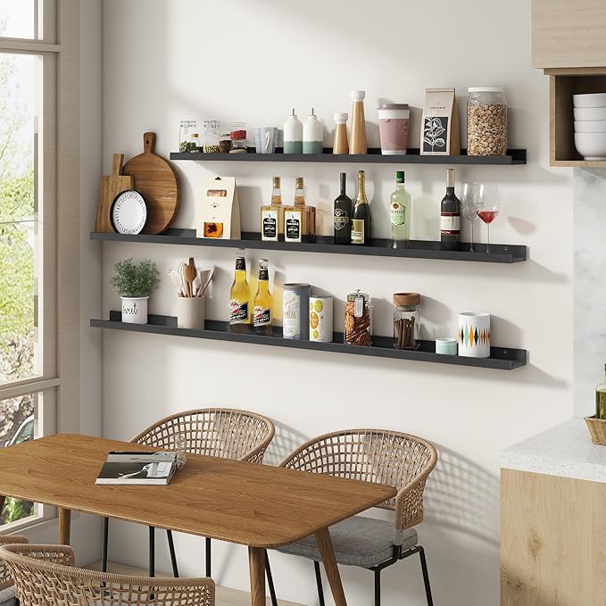 Picture Ledge Shelf, Floating Shelves Set of 2, Solid Pine Wood 72'' Long Large Nursery Book Shelves for Toys Storage, Kids Bookshelf for Living Room Bedroom Decor Books Photo Frames, Black