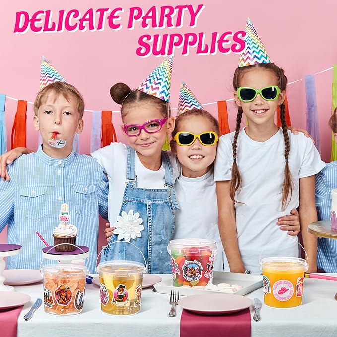 PerKoop 20 Pcs 32 oz Ice Cream Buckets with Lids and Handles Clear Cocktail Rum Buckets for Drinks with 200 Cowgirl Stickers Plastic Transparent Tub Reusable Food Storage Containers for Parties