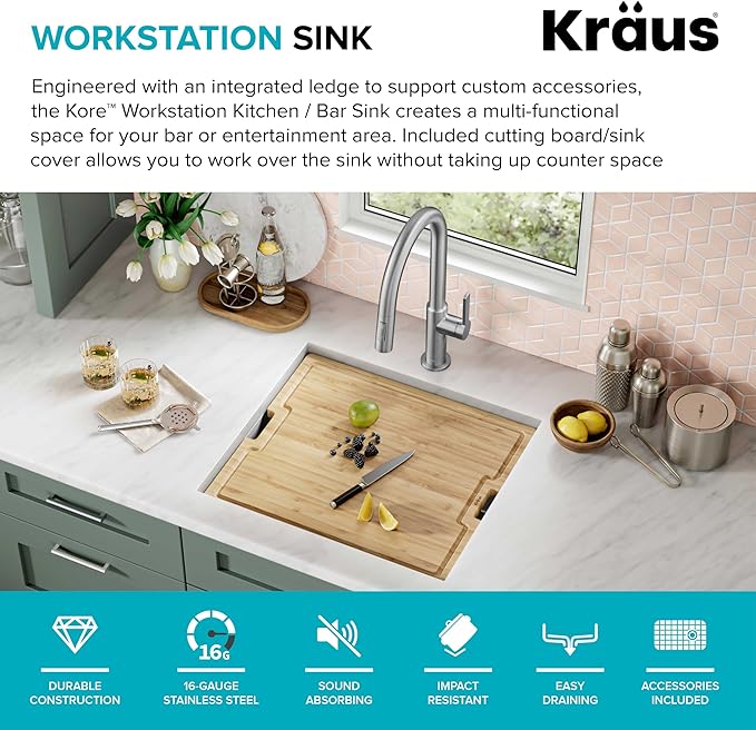 KRAUS Kore 21-Inch Undermount Workstation 16 Gauge Single Bowl Stainless Steel Kitchen Sink with Accessories, KWU111-21