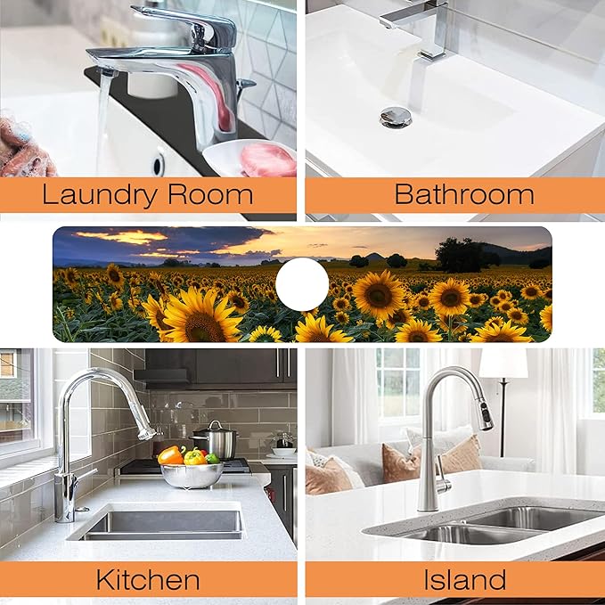 Kitchen Sink Splash Guard Faucet Mat Sunflowers Blooming at Sunset Sink Splash Guard Behind Faucet,1 PC Soft Diatom Mud Non-Slip Mat-for Kitchen,Dish Drying Mat,Bathroom Faucet Mat 23.5"X5.5"