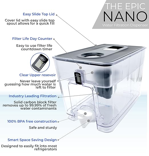 Epic Nano Countertop Water Filter Dispenser for Drinking Water. 36 Cup 150 Gallon Long Last Filter BPA Free Water Purifier Large Water Jug