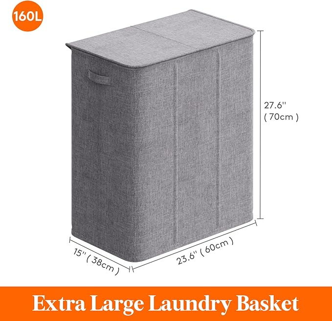 Lifewit Triple Laundry Hamper with Lid and Removable Laundry Bags, Large Collapsible 3 Dividers Dirty Clothes Basket with Handles for Bedroom, Laundry Room, Closet, Bathroom, College, 160L Light Gray