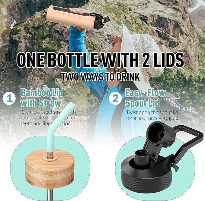 Glass Water Bottles with Straw -32oz- Water Bottle Phone Holder for Gym Large Motivational Water Bottle with Time Marker Glass Drinking Bottles 2 Lids - Spout & Bamboo Straw Lid(Mint Green)
