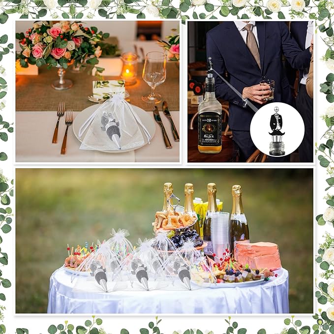 Wedding Beadable Wine Bottle Stopper Bulk Groomsmen Wine Stopper Stainless Steel Beer Corker with Silicone Beard Bead Sheer Bag Wedding Bridal Shower Favor for Guest Engagement Party(36 Set)