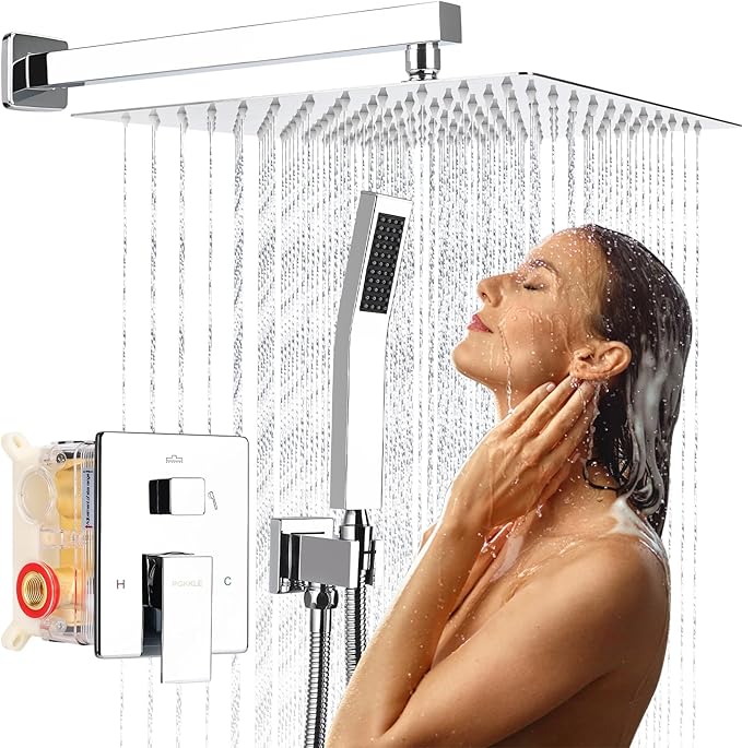 12 Inch Rainfall Shower System - Wall Mounted Complete Combo with Solid Brass Pressure Balancing Valve, High Pressure Shower Head, Handle Set & Installation Accessories Chrome