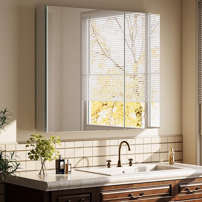 Bathroom Medicine Cabinet with Mirror, 30 Inch x 26 Inch Bathroom Mirror Cabinet with Double Door & Adjustable Shelves, Surface Mount or Recess Installation