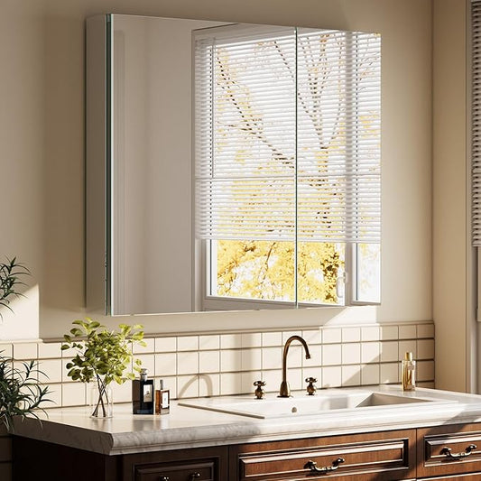 Bathroom Medicine Cabinet with Mirror, 30 Inch x 26 Inch Bathroom Mirror Cabinet with Double Door & Adjustable Shelves, Surface Mount or Recess Installation