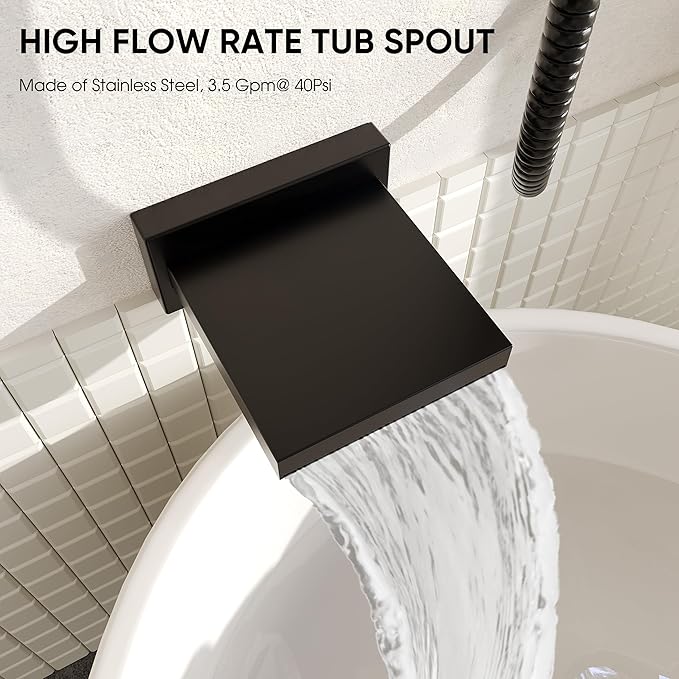 Esnbia Thermostatic Tub Shower Faucet Set, All Metal Tub System with 3 Way Valve, 10 Inch Rain Shower Head with Handheld Spray Combo,Matte Black