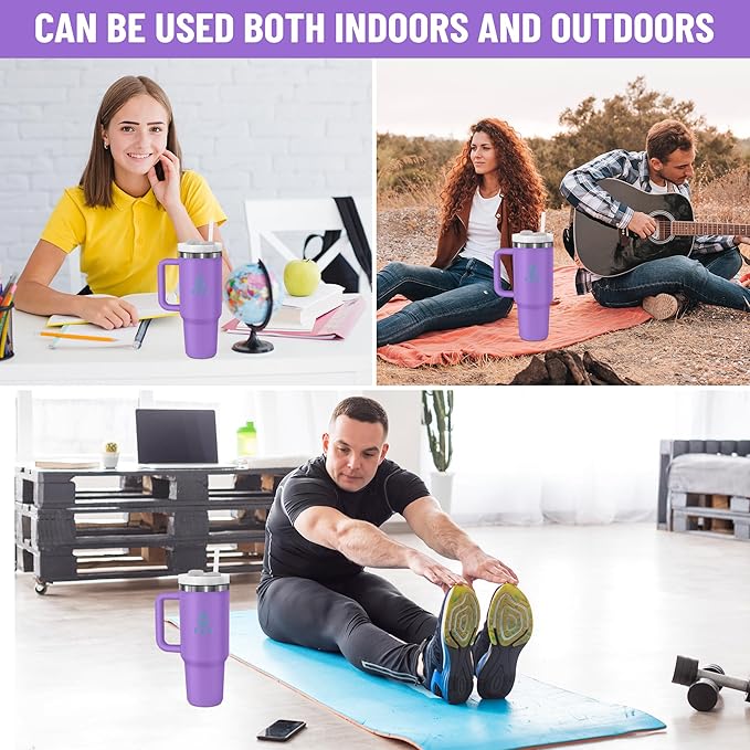 40oz stainless Steel Insulated Tumbler with Handle, lid and straw for cold water, Iced tea, or coffee - 100% Leak-Proof - Cupholder Friendly Travel Mug- Gifts for Women Men Him Her (Purple)