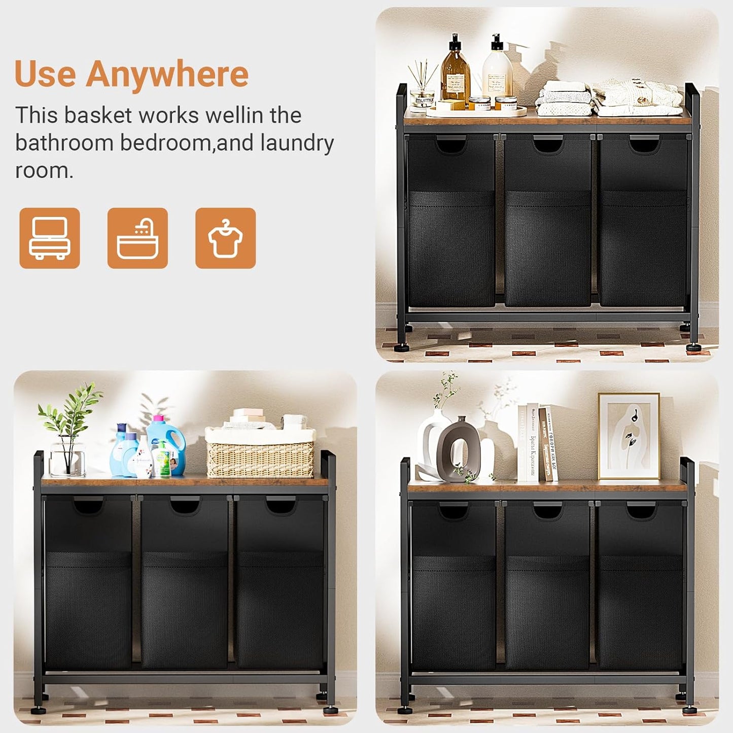 Lulive Laundry Hamper, Laundry Basket Organizer with 3 Pull-Out Removable Bags & Large Top Shelf, 3 × 12.5 Gal (142L) Freestanding Laundry Sorter 3 Sections for Laundry Room, Bathroom and Dorm