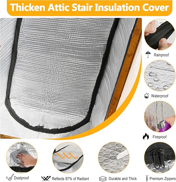 Attic Door Insulation Cover for Pull Down Ladder 54"L x 25"W x 11"H, Attic Stairway Insulator Tent Thicken Foil Bubble Fireproof with Installation Tools Set, for Ceiling Access Stair Loft Hatch