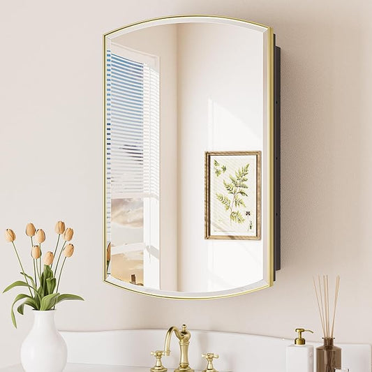 Keonjinn Medicine Cabinet 16 x 26 Inch, Surface Mount or Recessed Cabinets with Mirrors, Gold Metal Framed Wall Mirror with Storage, 2 Adjustable Shelves, Beveled Edge Frame