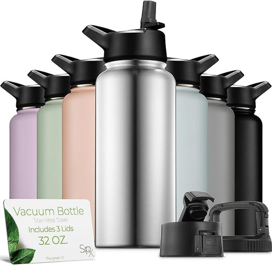 SipX™ Triple-Insulated Stainless Steel Water Bottle 32oz. With 3 Lids, BPA-Free Reusable Insulated Water Bottle Keeps Cold 24 Hours, Metal Water Bottle Made Of Sustainable Material For Hiking & Biking