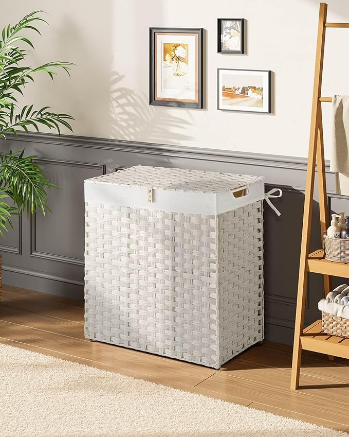 Greenstell Laundry Hamper with lid, No Install Needed, 110L Wicker Laundry Baskets Foldable 2 Removable Liner Bags, 2 Section Clothes Hamper Handwoven Rattan Laundry Basket with Handles, White