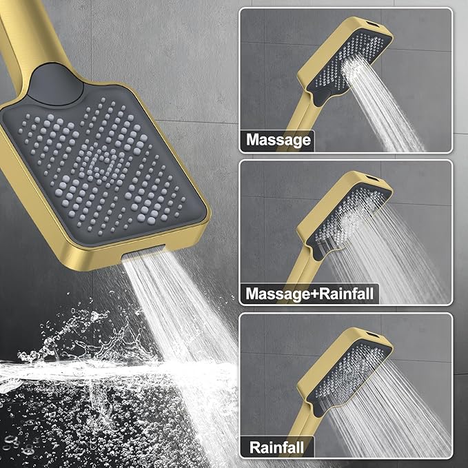 KOJOX Brushed Gold Thermostatic Shower System, Push Button Diverter Shower Faucet Set with 12" Ceiling Mount Rain Shower, 6" Wall Mount Shower Head, and 4-in-1 Handheld Spray