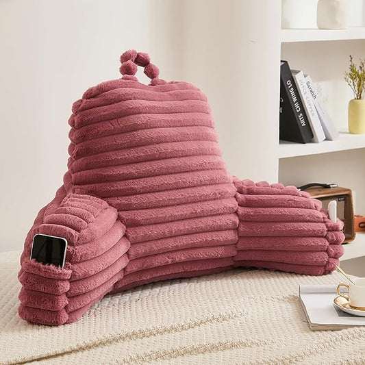 Faux Fur Fluffy Dusty Rose Reading Pillow with Pockets, Luxury Striped Plush Decorative, Arm Rests and Back Surport for Bed Rest, Lounging on sofa, Standard