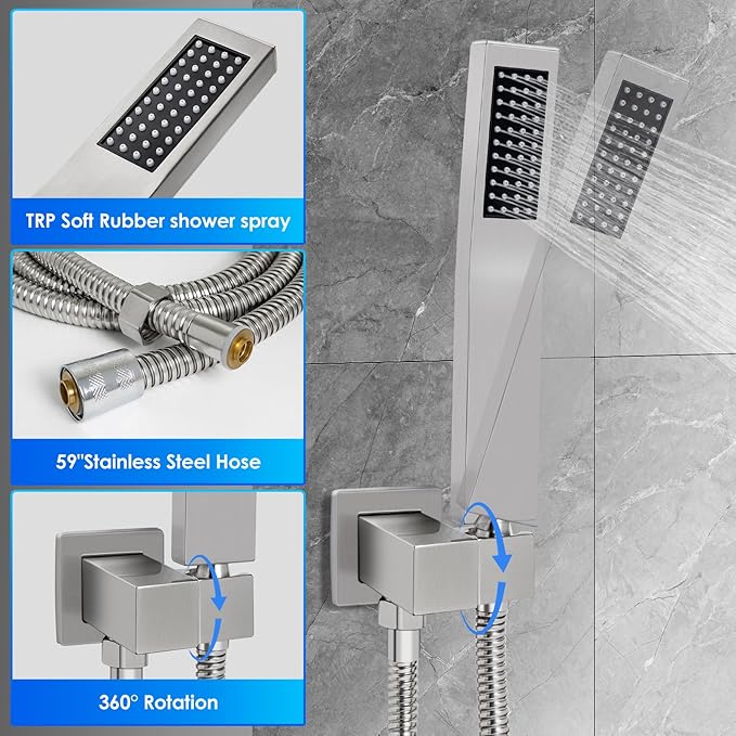 Shower Faucet Set - 12" Brushed Nickel Shower Head and Handle Set : Ceiling Rainfall Shower System with Square Rain Shower Head and High Pressure Handheld Spray Combo, Shower Valve and Trim Kit