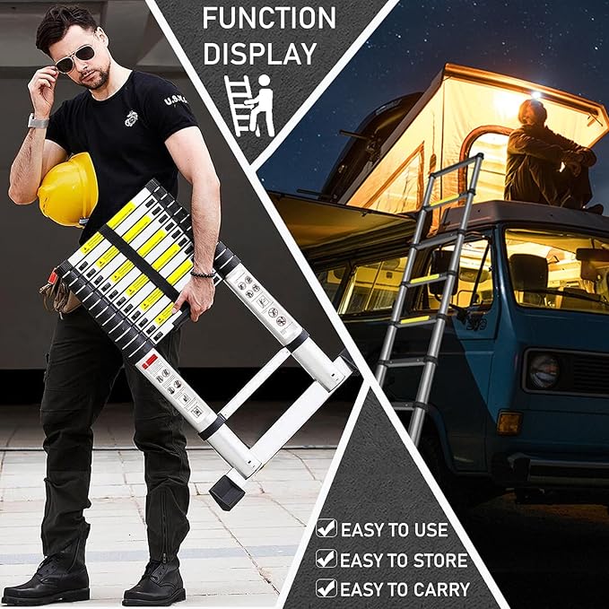 Telescoping Ladder with Hooks 8.5 FT - Aluminum Telescopic Ladder with Stabilizer - Retractable Extension Ladders for Home Loft Roof RV Work with EN131 Certification - 330lbs Max Capacity