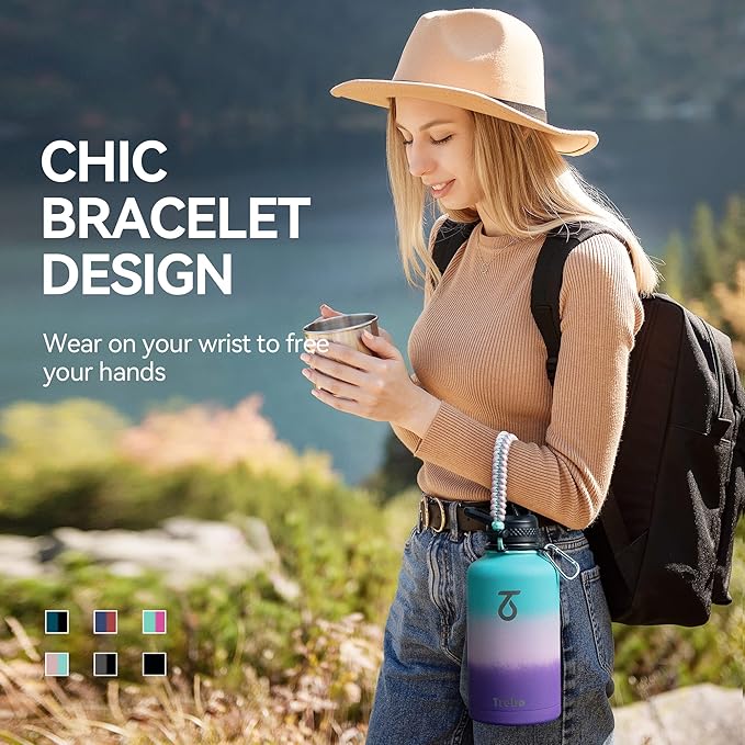 Trebo Water Bottle 64oz with Paracord Handle, Half Gallon Food-grade Double Wall Vacuum Stainless Steel Insulated Jug with Straw Spout Handle Lids, Leakproof Keep Cold & Hot Ombre:Hydrangea