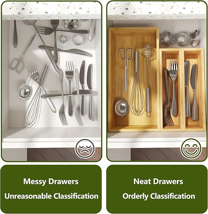 BAMEOS 3-Piece Bamboo Drawer Organizer, Utensil Organizer for Drawer, Junk Drawer Organizer for Kitchen Bathroom, Dressing Room, Office, Pantry (Natural)