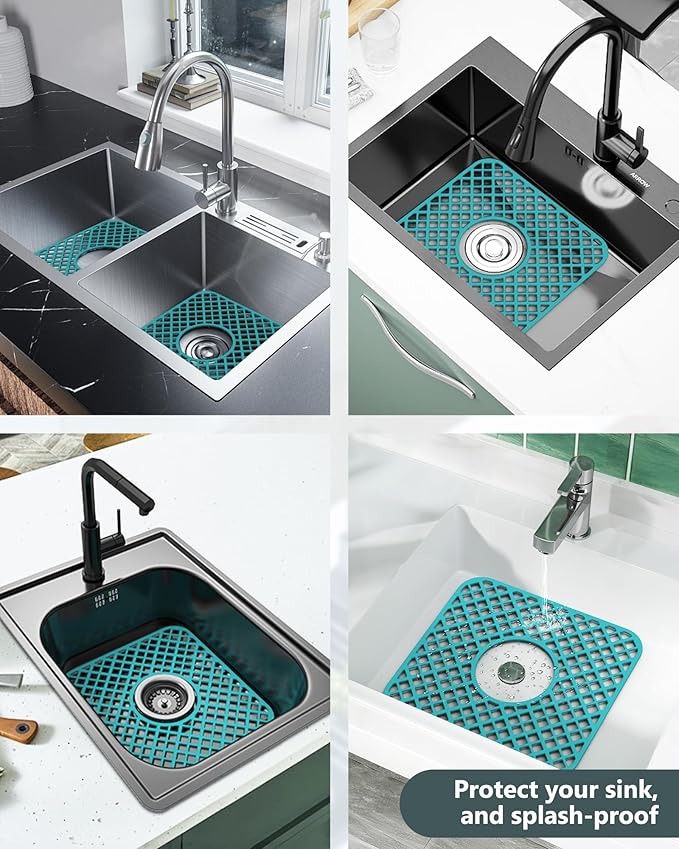 2 Pack Silicone Sink Protector for Kitchen Sink, Lozenge Pattern 12 x 11" Sink Grid Mat Silicone Protectors, Center Drain, Green