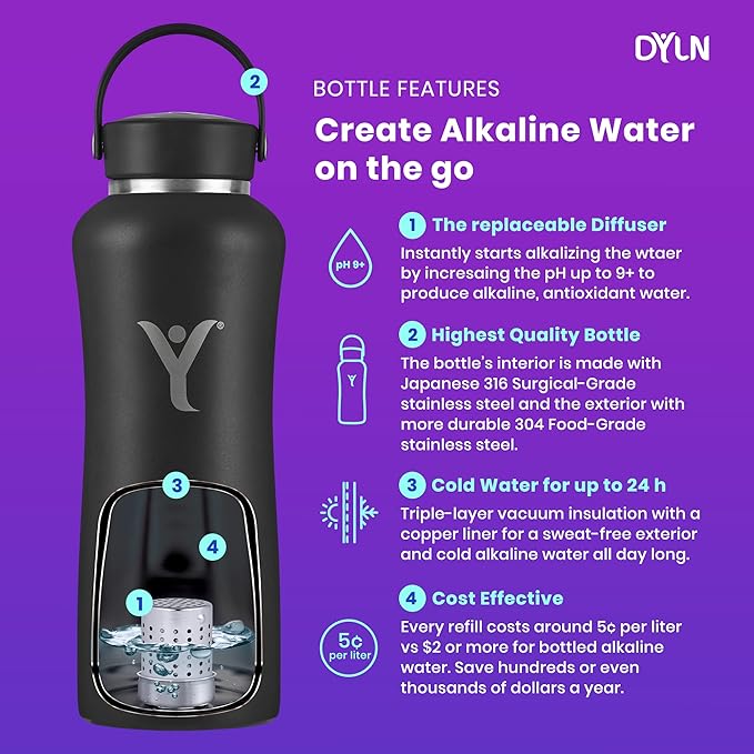 DYLN Alkaline Water Bottle | Portable Hydrogen Water Bottle Creates Hydrogen-Rich Water up to 9.5 pH | Vacuum Insulated Stainless Steel Keeps Water Cold for 24 Hours