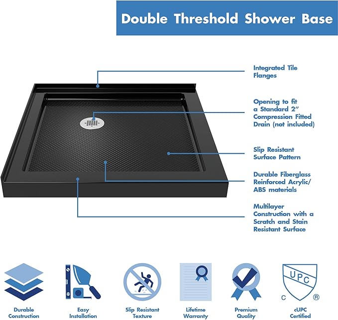DreamLine SlimLine 36 in. D x 36 in. W x 2 3/4 in. H Corner Drain Double Threshold Shower Base in Black, DLT-1036360-88