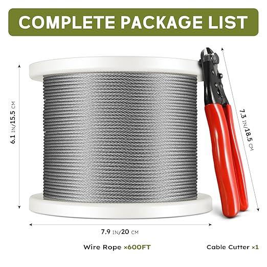 600FT 1/8" T316 Stainless Steel Cable, Wire Rope Aircraft Cable for Deck Cable Railing Kit and DIY Balustrades, 7x7 Strands Construction, Comes with a Cutter