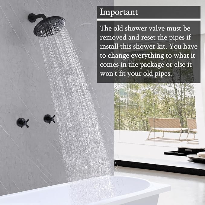 2 Handles Shower with 8'' Rainfall Shower Head,Single Function Shower Trim Kit with Rough-in Valve,Wall Mount,Matte Black