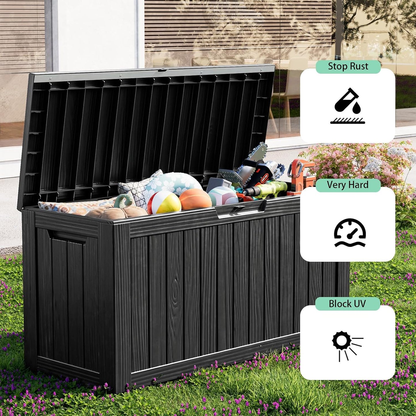 Vixzen 80 Gallon Resin Deck Box, Lockable Outdoor Storage Box for Patio Cushions Storage Furniture,Garden Tools, Pool Supplies, Weatherproof and UV Resistant,Black