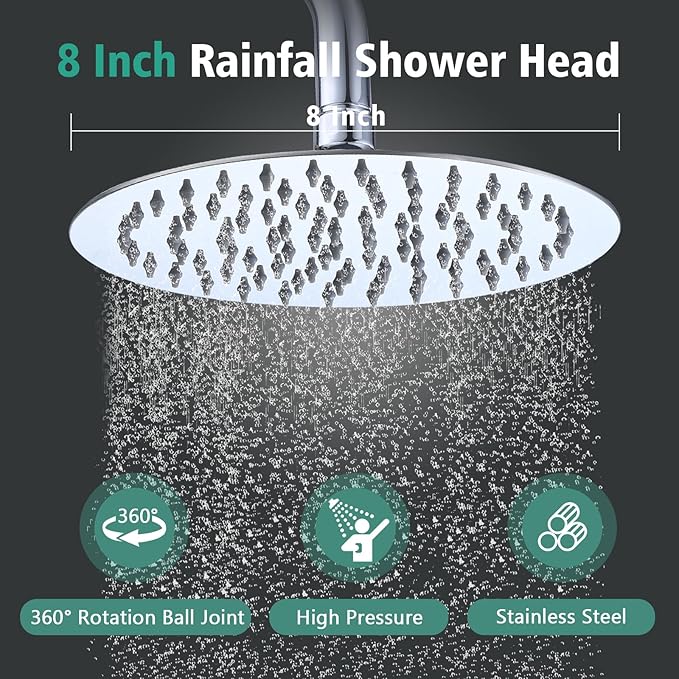 PROOX 3 Handle Tub Shower Faucet Set, 8" Rainfall Shower Head with Tub and Shower Trim Kit with Rough-in Valve, Polished Chrome Bathtub Shower Faucets, Wall Mounted Bathroom Rain Shower System