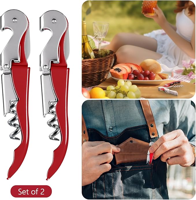 HYZ 2-Pack Wine Opener Waiter Corkscrew, Professional Wine Key for Servers, Bartender with Foil Cutter, Manual Wine Bottle Opener Double Hinged (Red)