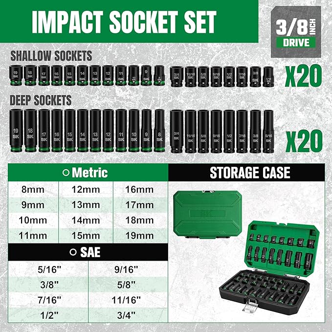 SK 3/8" Drive Impact Socket Set, 40-Piece Deep & Shallow Sockets, Metric 8 to 19mm, SAE 5/16″ to 3/4″, Premium CR-MO Steel, SureGrip 6 Point Design, With Storage Case