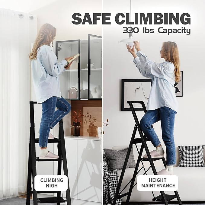 Taranta 5 Step Ladder, Liahtweight Aluminum Laddewith Handgrip, Portable Folding Stepladder with Anti-SlipPedal for Home, Ofice, Kitchen 300lbs - Black