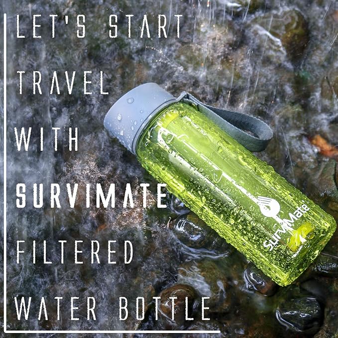 SurviMate 0.01μm Ultra-Filtration Filtered Water Bottle, Portable Water Filter Bottle with 4-Stage Filtration for Survival, Camping, Hiking, Backpacking, Drinking, Emergency