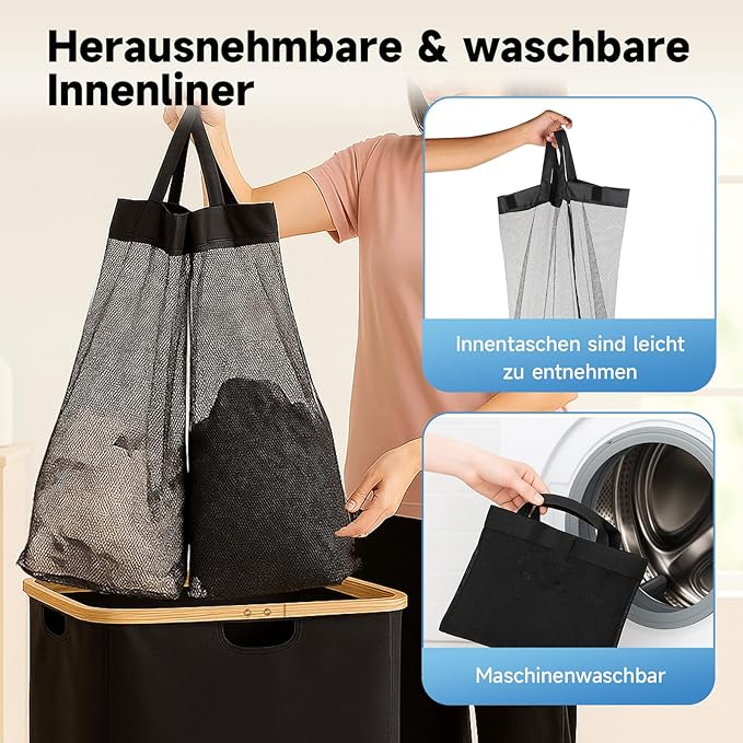 145L Double Laundry Basket with Lid, 2 Section Dirty Clothes Hamper with 2 Removable Bags for Bedroom, Bathroom, Dorm, Black